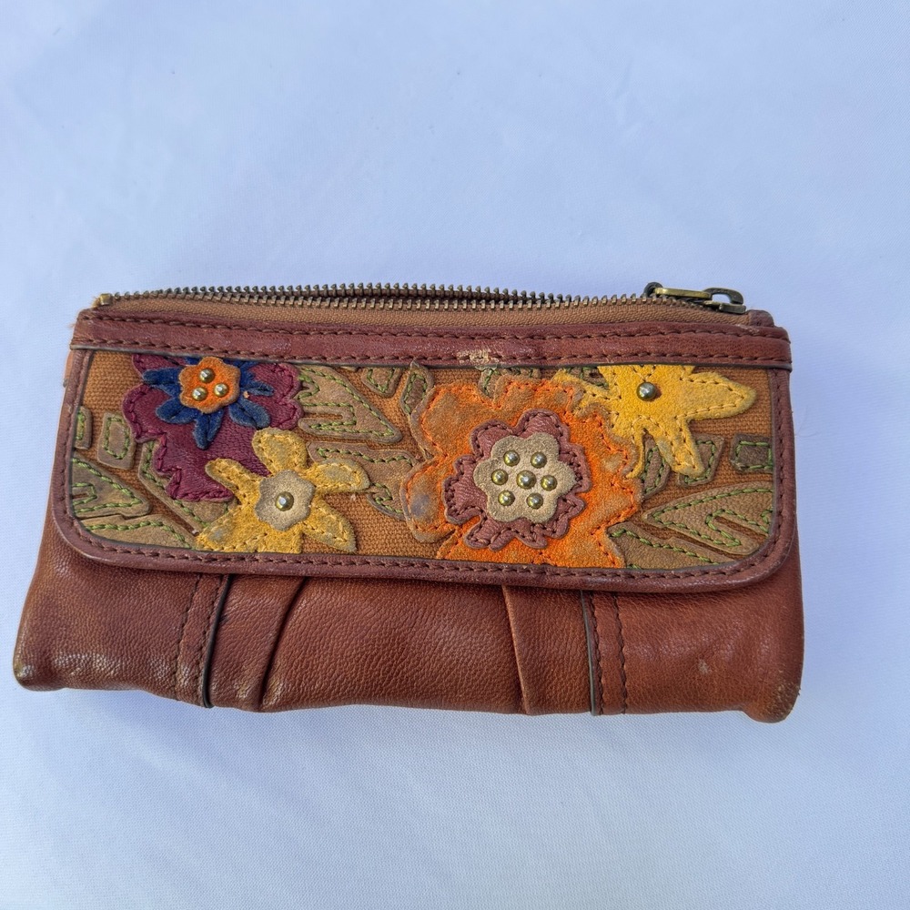 VTG Fossil Floral Patchwork Leather Women's Clutch Wallet Embroidered Boho-Style